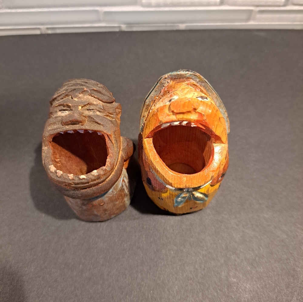 2 Vtg Anri Big Mouth Matchstick or Toothpick Holder Carved Wooden Italian